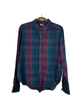 Mudd Large Multicolor Plaid Button Up Crochet Detail Shirt Boho Grungecore